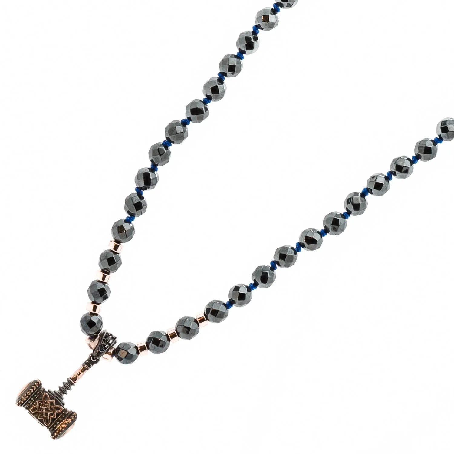 Hematite Stone Beaded Sterling Silver Thor Hammer Pendant Necklace