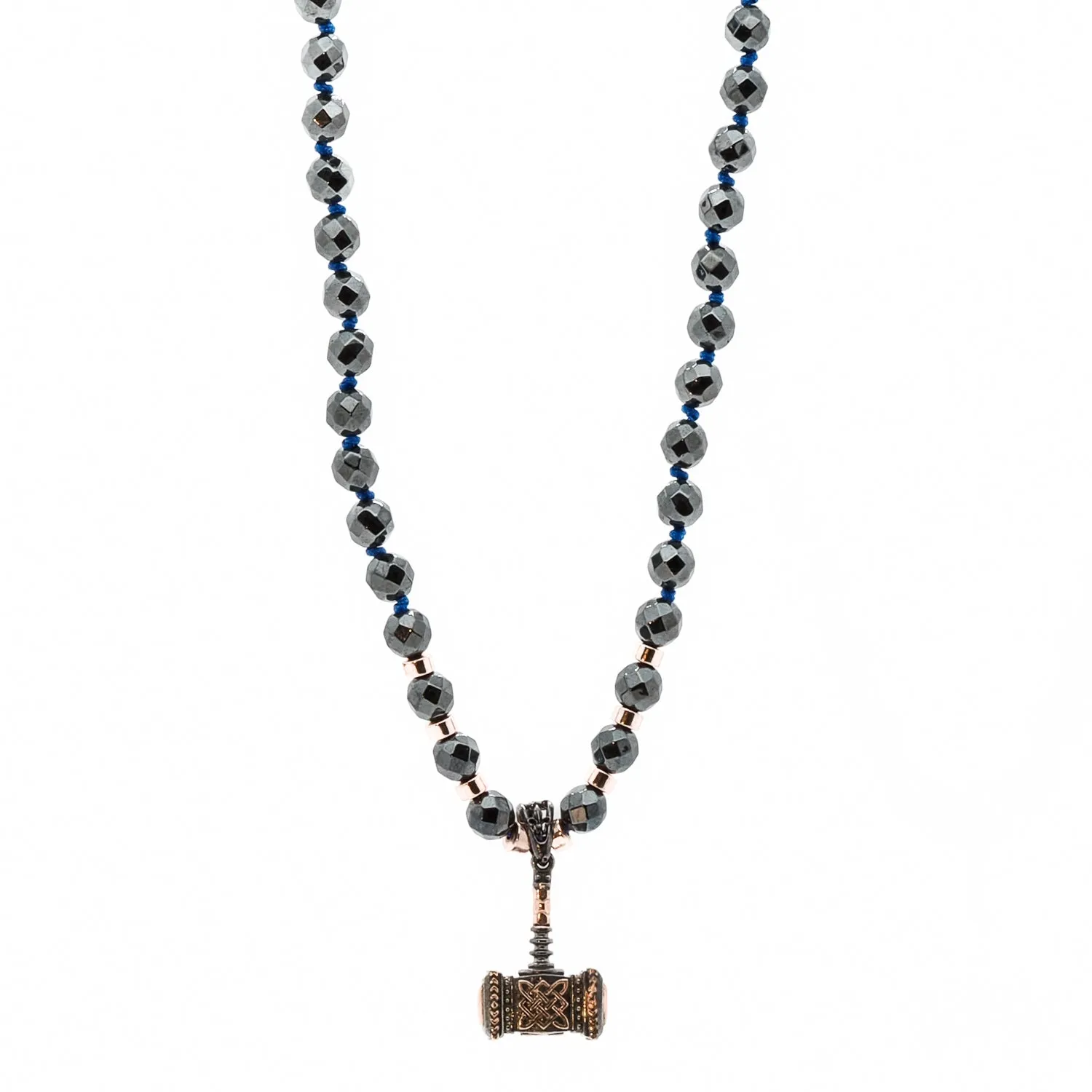 Hematite Stone Beaded Sterling Silver Thor Hammer Pendant Necklace