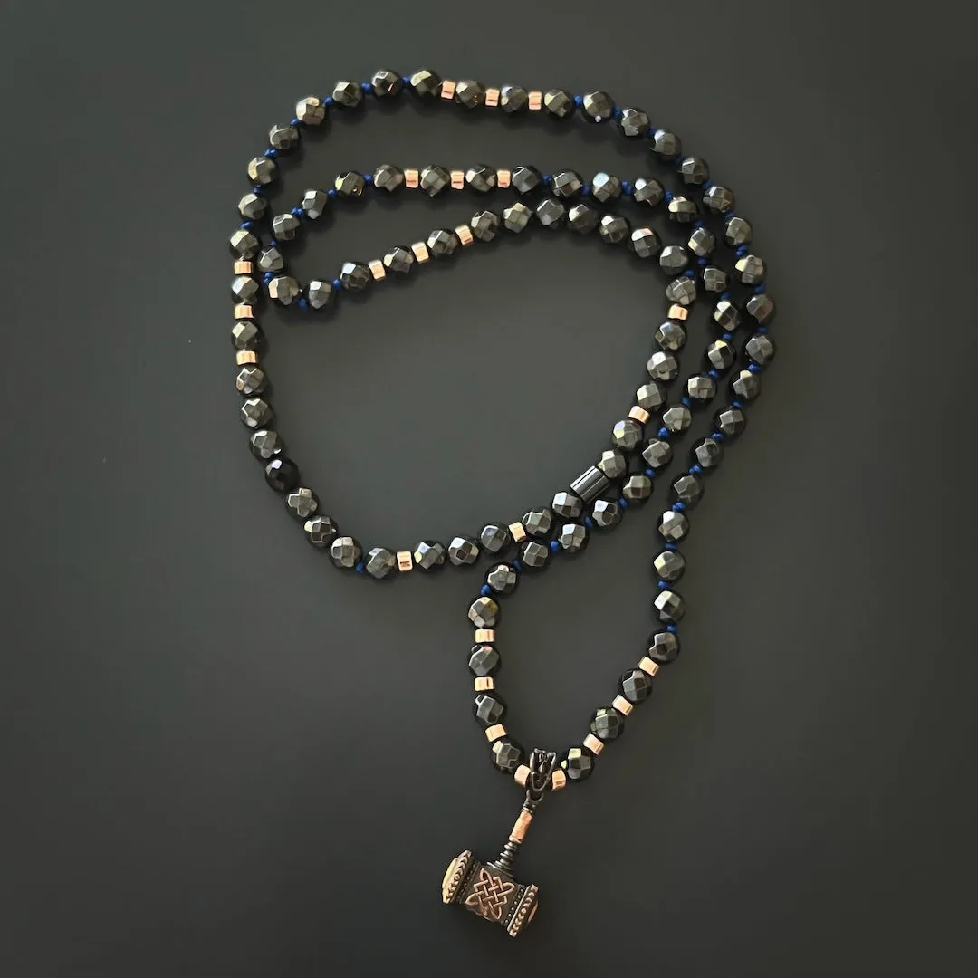 Hematite Stone Beaded Sterling Silver Thor Hammer Pendant Necklace