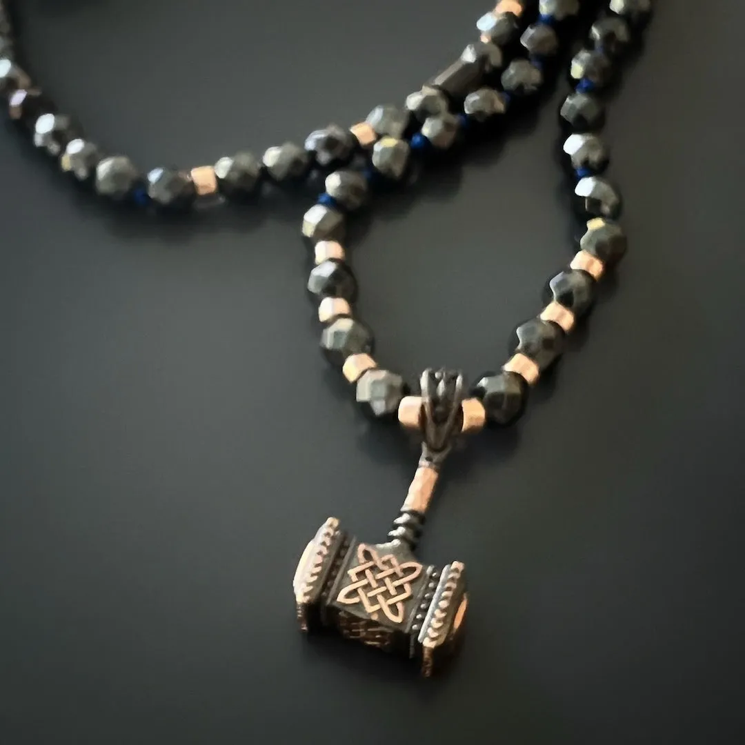 Hematite Stone Beaded Sterling Silver Thor Hammer Pendant Necklace