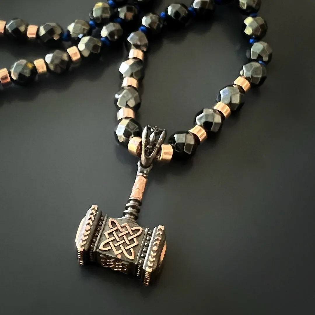 Hematite Stone Beaded Sterling Silver Thor Hammer Pendant Necklace