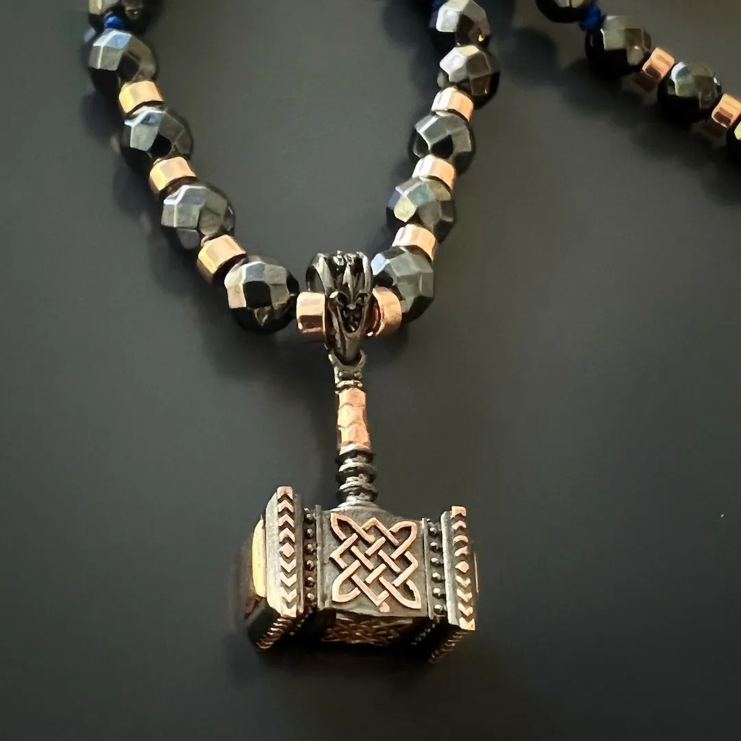 Hematite Stone Beaded Sterling Silver Thor Hammer Pendant Necklace