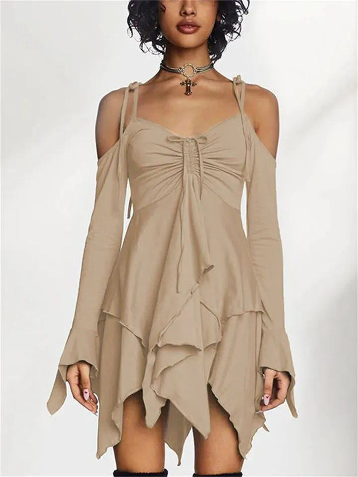 Irregular Hem Hollow Shoulder Long Sleeve Gothic Mini Dress for Women