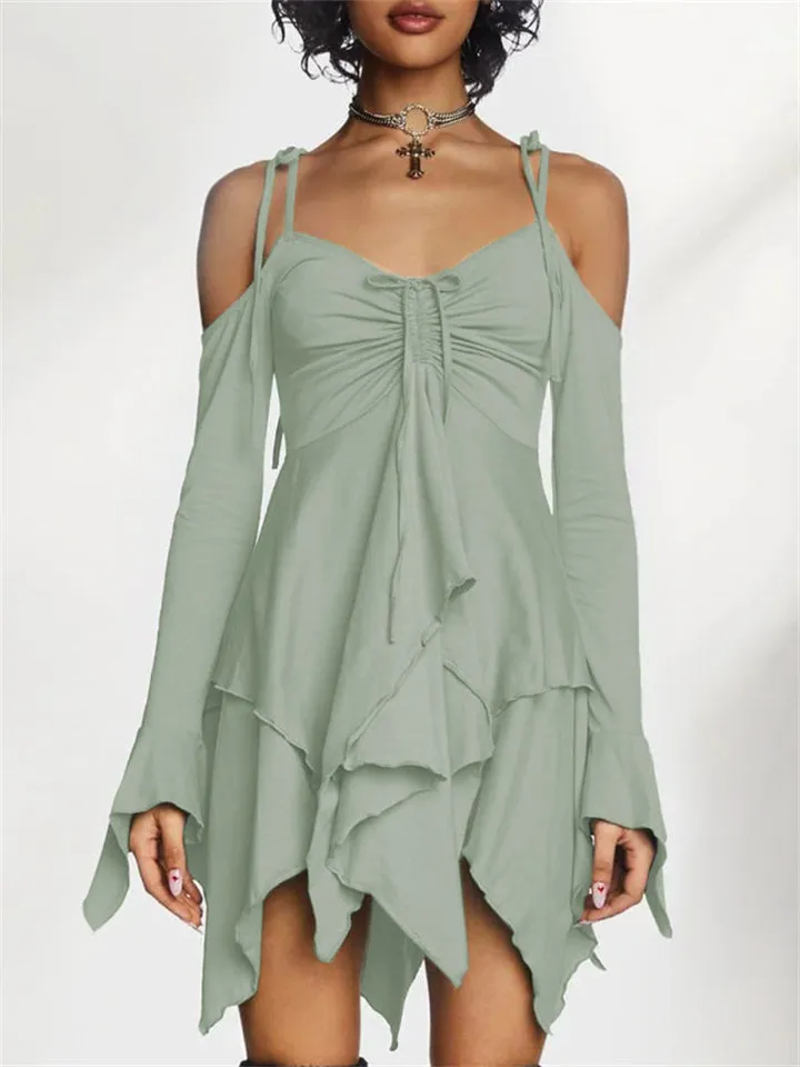 Irregular Hem Hollow Shoulder Long Sleeve Gothic Mini Dress for Women