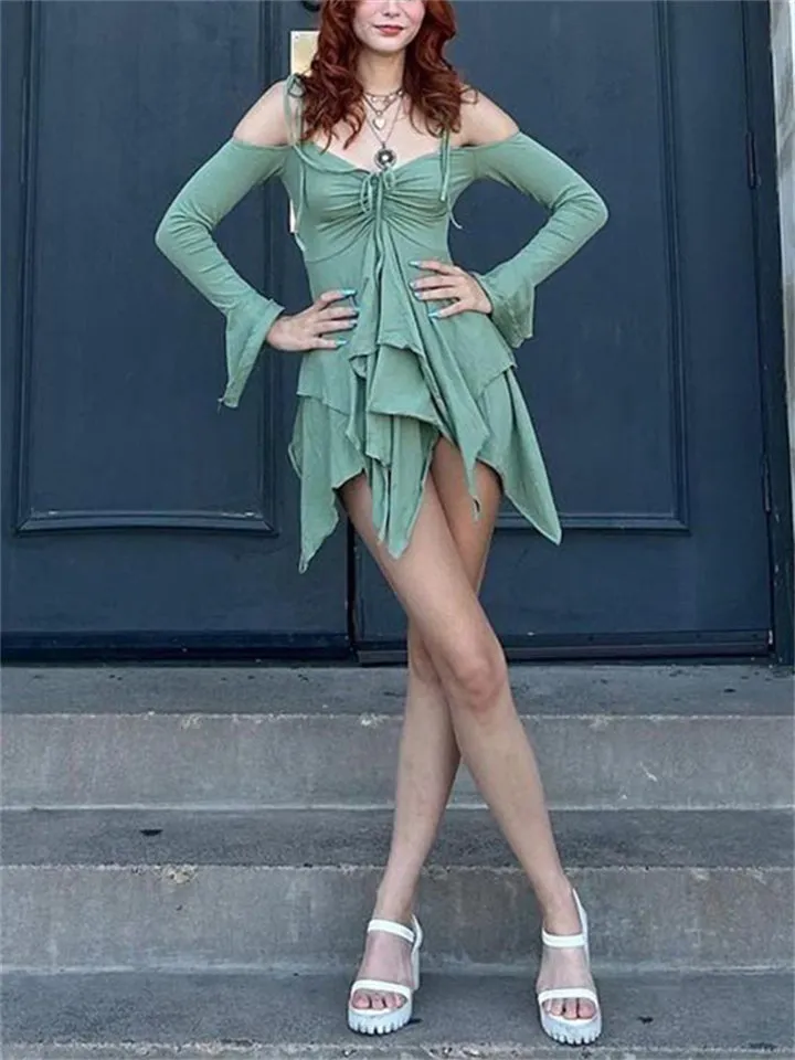 Irregular Hem Hollow Shoulder Long Sleeve Gothic Mini Dress for Women