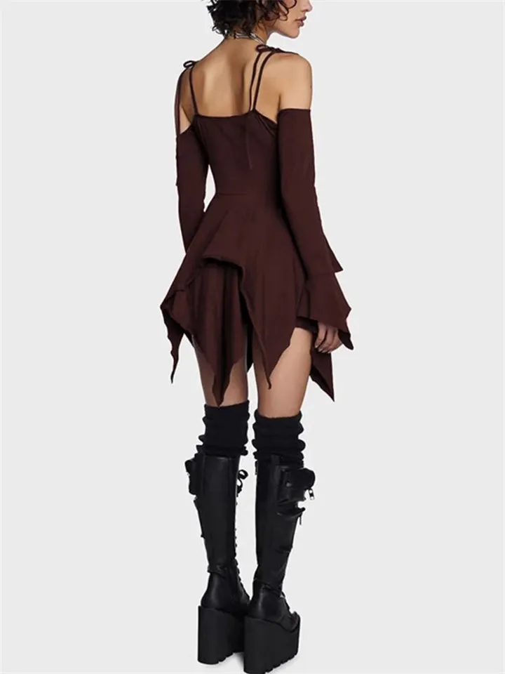 Irregular Hem Hollow Shoulder Long Sleeve Gothic Mini Dress for Women