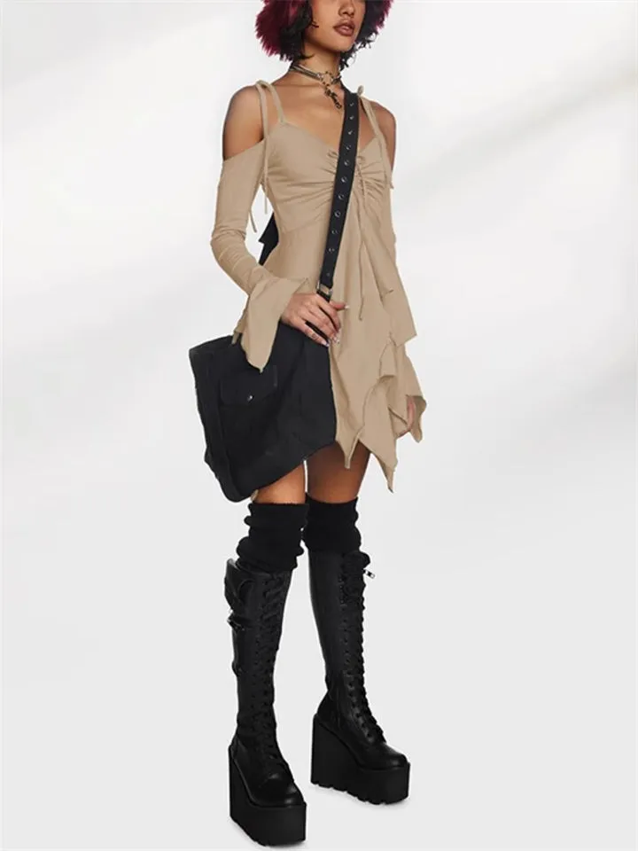 Irregular Hem Hollow Shoulder Long Sleeve Gothic Mini Dress for Women