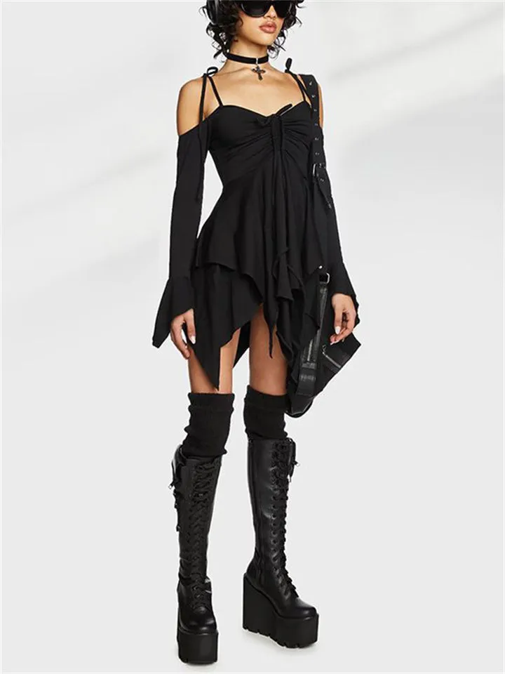 Irregular Hem Hollow Shoulder Long Sleeve Gothic Mini Dress for Women