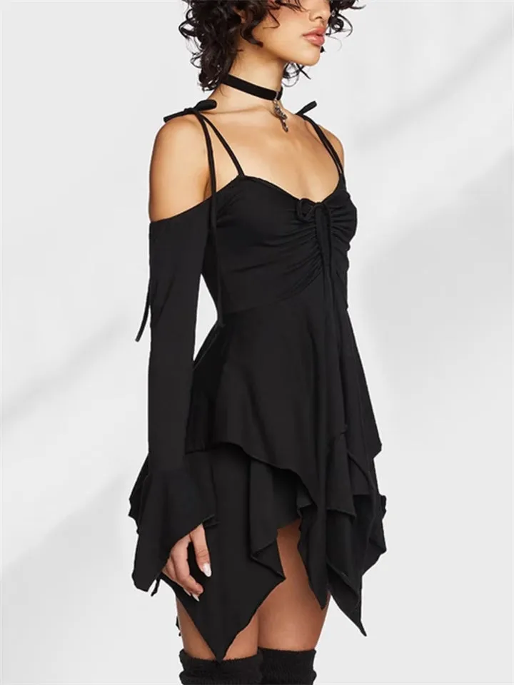 Irregular Hem Hollow Shoulder Long Sleeve Gothic Mini Dress for Women