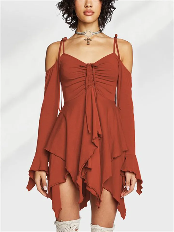 Irregular Hem Hollow Shoulder Long Sleeve Gothic Mini Dress for Women