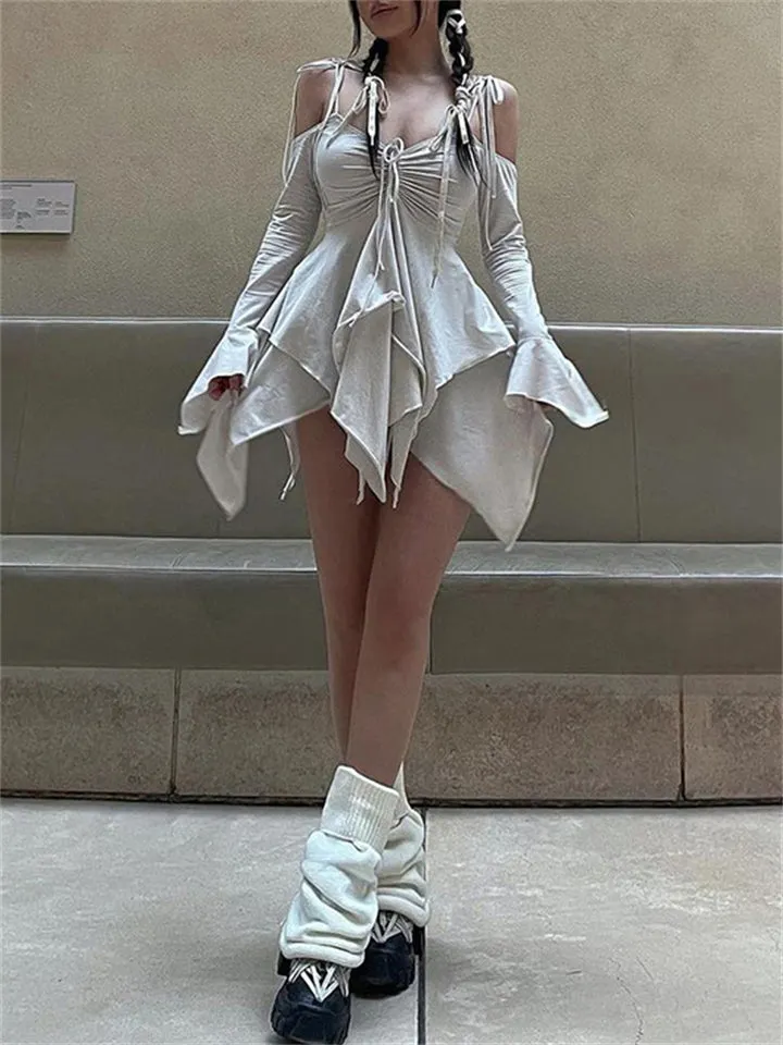 Irregular Hem Hollow Shoulder Long Sleeve Gothic Mini Dress for Women