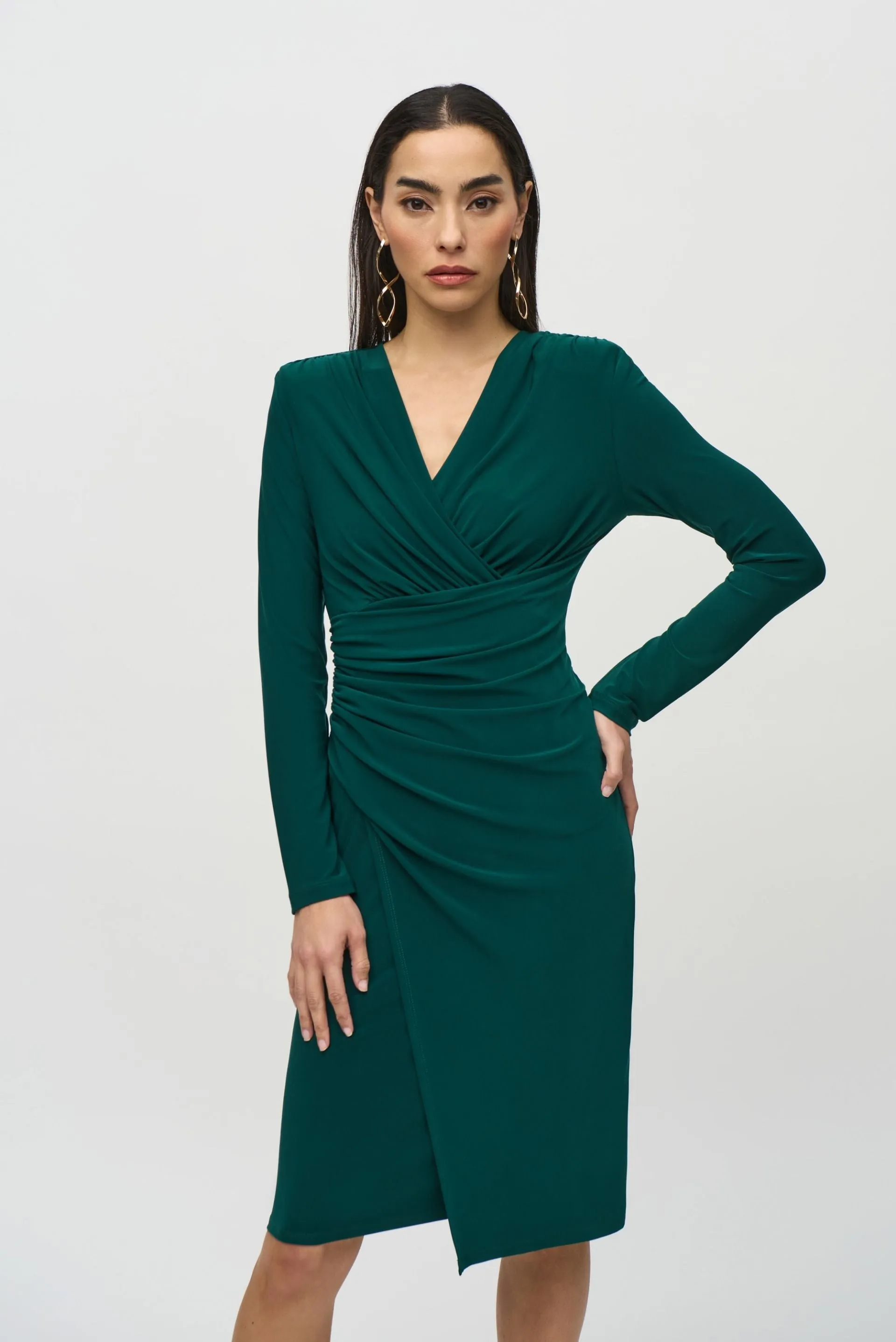 Joseph Ribkoff Absolute Green Ruched Faux Wrap Dress 244024