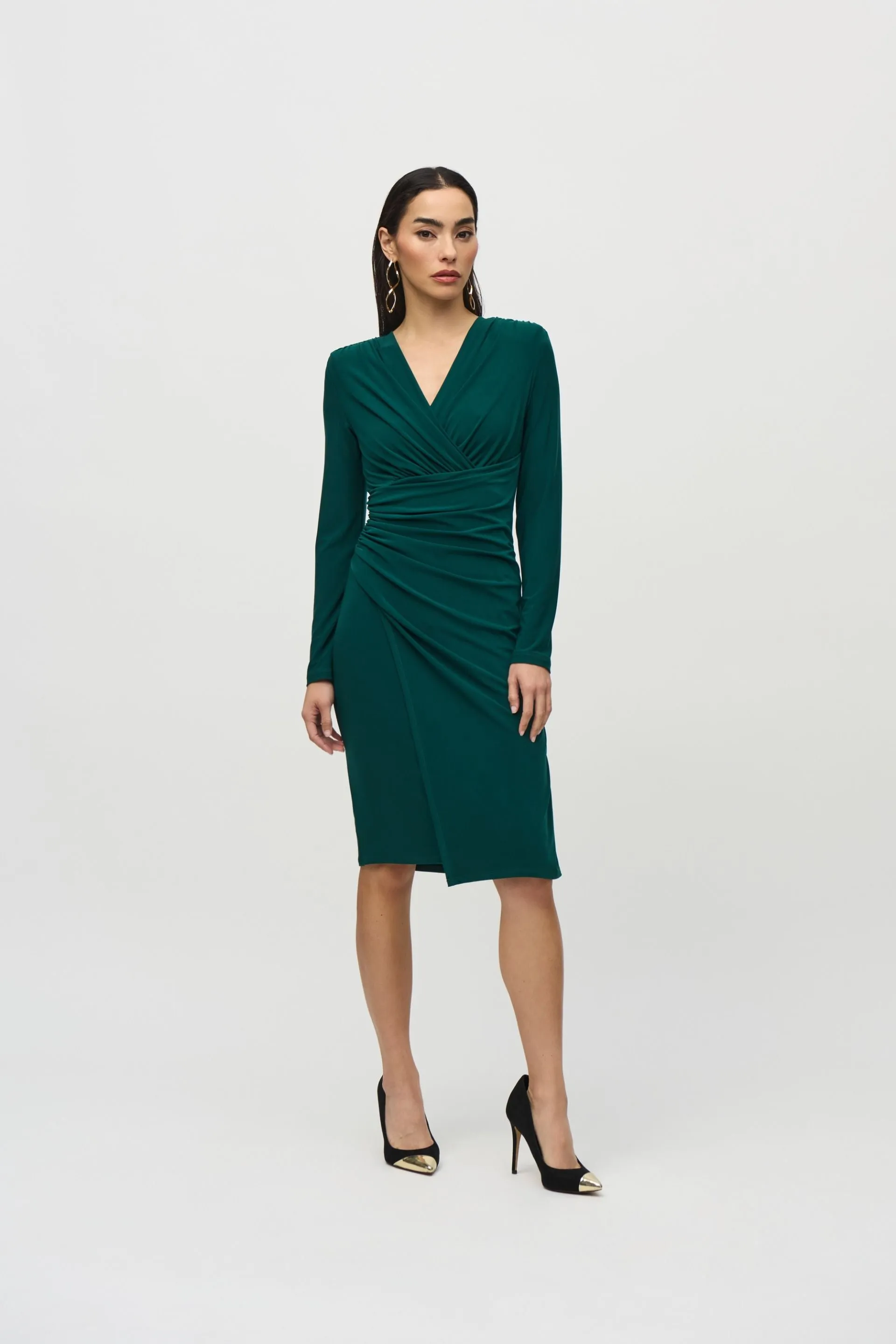 Joseph Ribkoff Absolute Green Ruched Faux Wrap Dress 244024