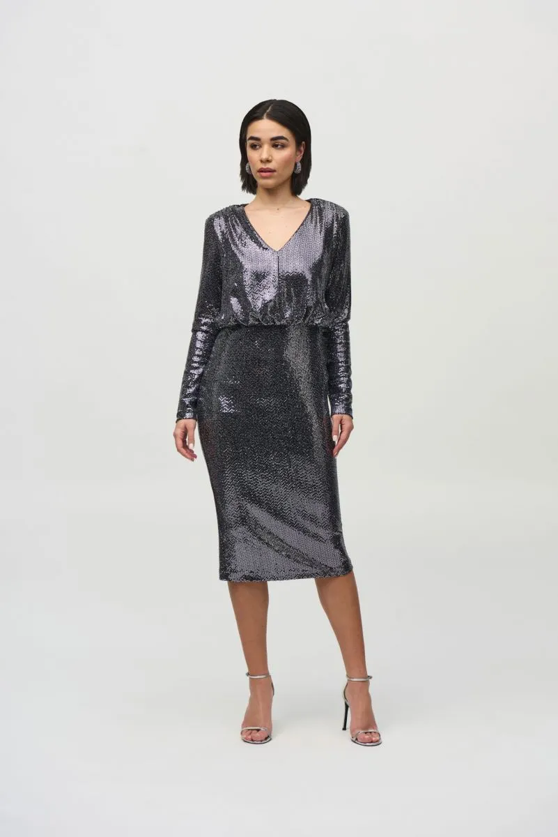 Joseph Ribkoff Black/Silver Sequined V-Neck Long Sleeve Sheath Dress 244033