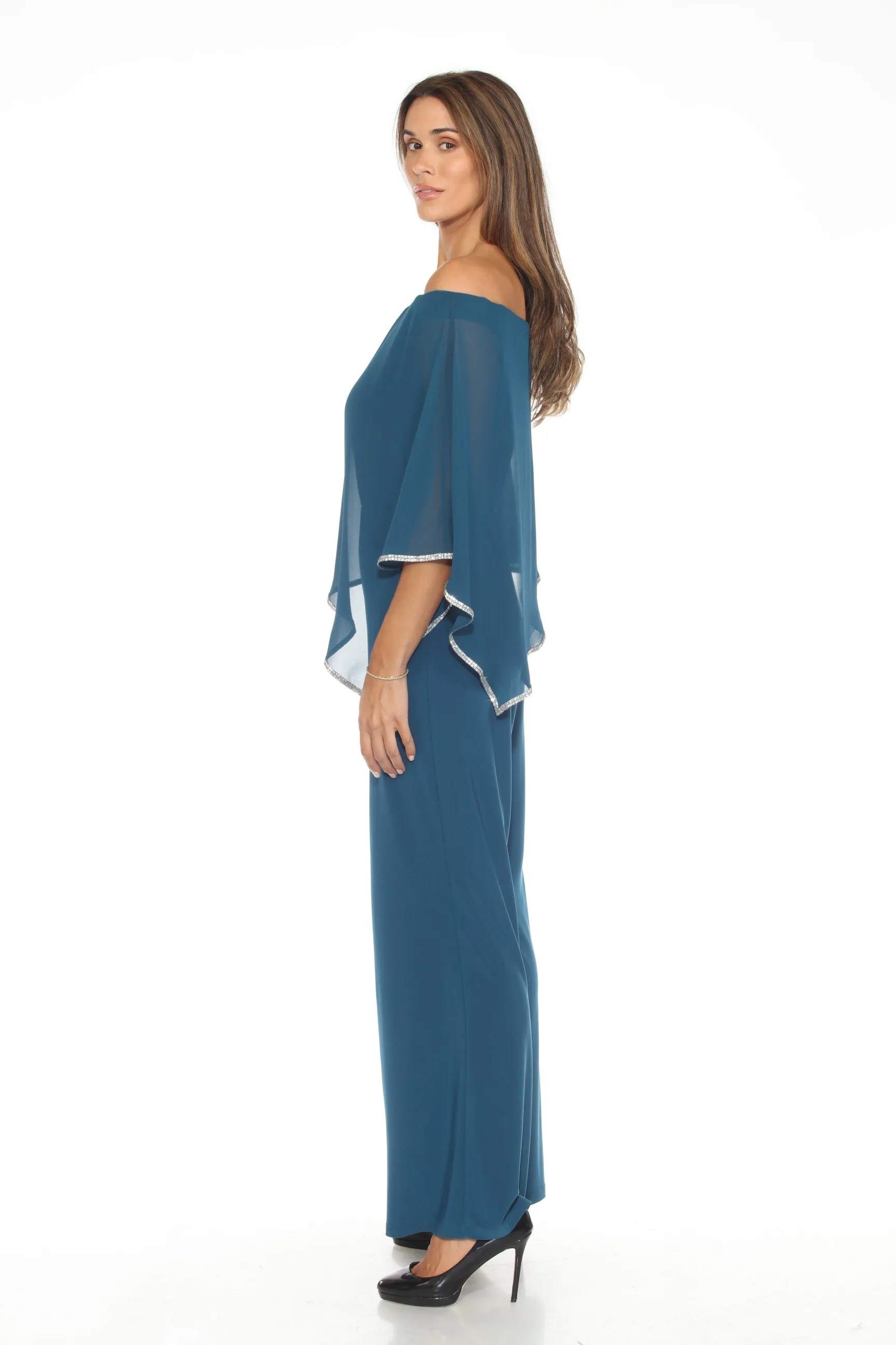 Joseph Ribkoff Twilight Embellished Off-Shoulder Chiffon Overlay Jumpsuit 243719