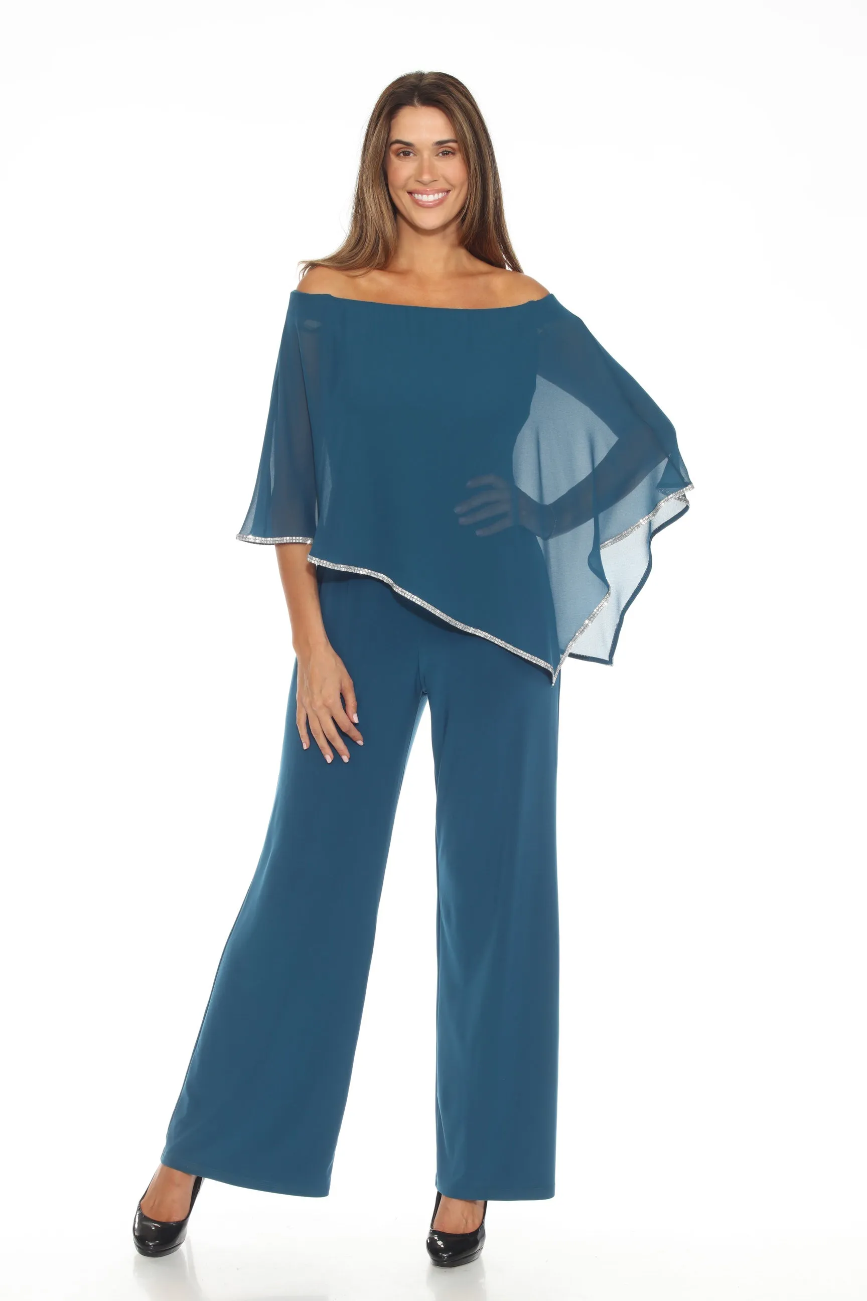 Joseph Ribkoff Twilight Embellished Off-Shoulder Chiffon Overlay Jumpsuit 243719