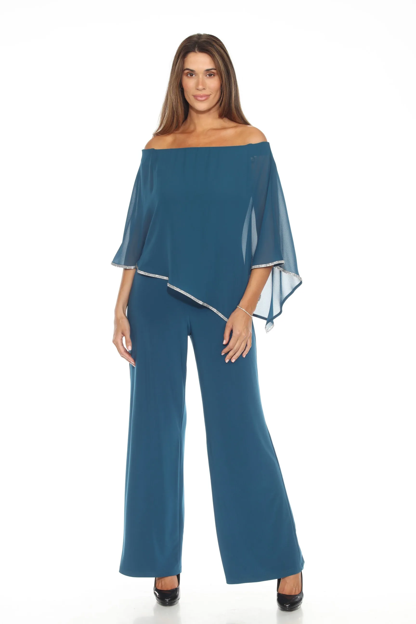 Joseph Ribkoff Twilight Embellished Off-Shoulder Chiffon Overlay Jumpsuit 243719