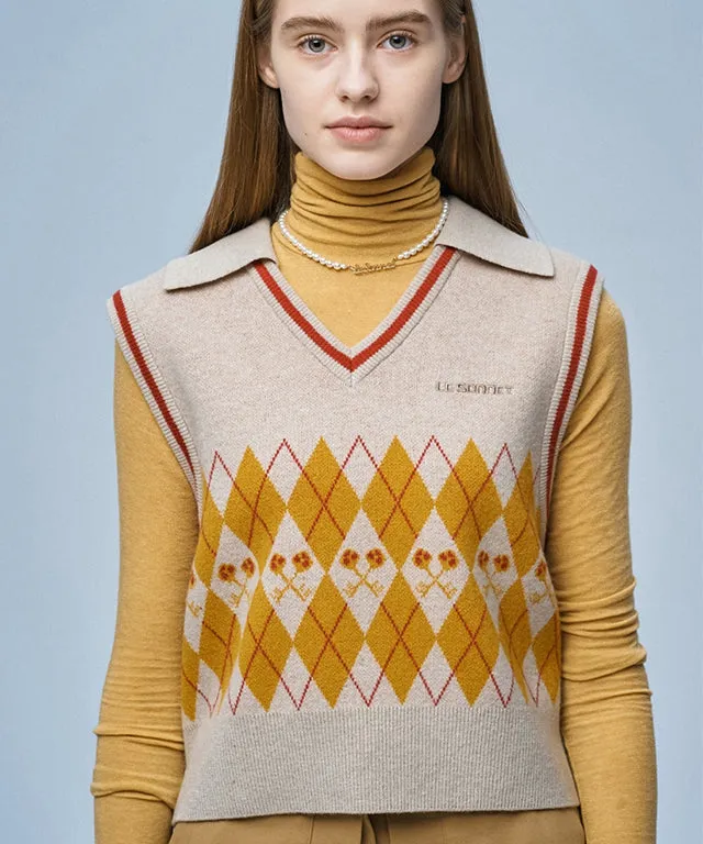 LE SONNET Logo & Argyle Knit Vest - Beige