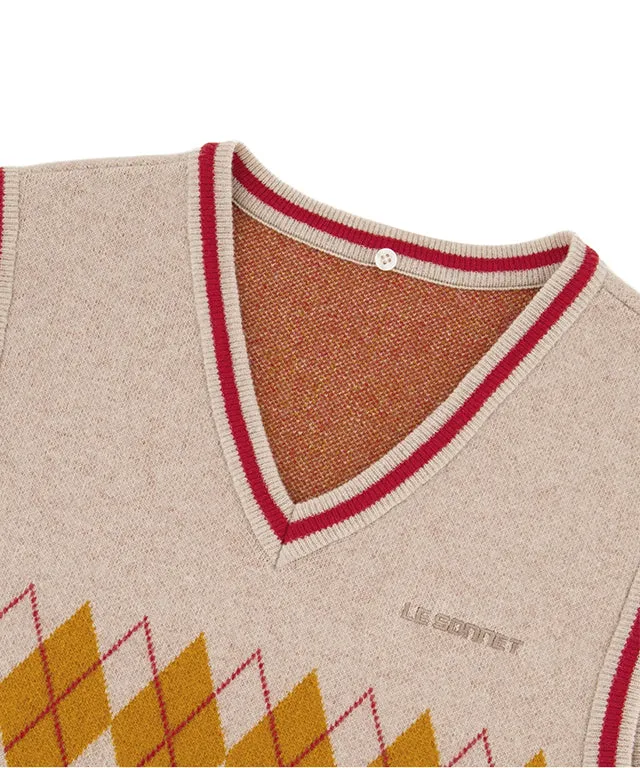 LE SONNET Logo & Argyle Knit Vest - Beige