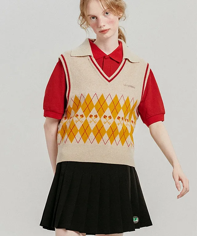 LE SONNET Logo & Argyle Knit Vest - Beige