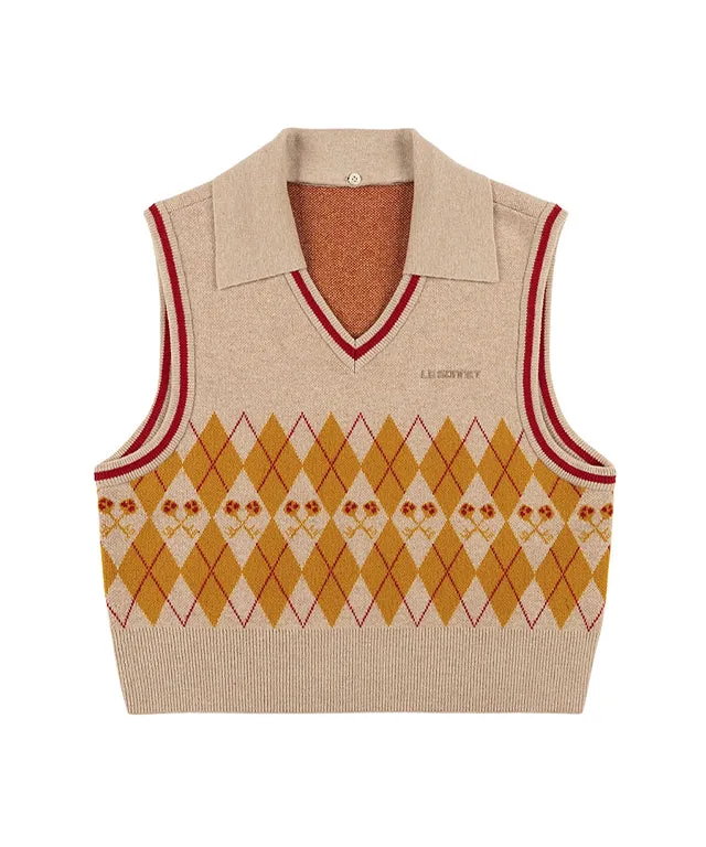 LE SONNET Logo & Argyle Knit Vest - Beige