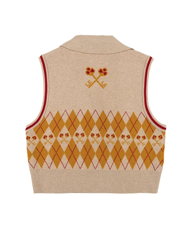 LE SONNET Logo & Argyle Knit Vest - Beige