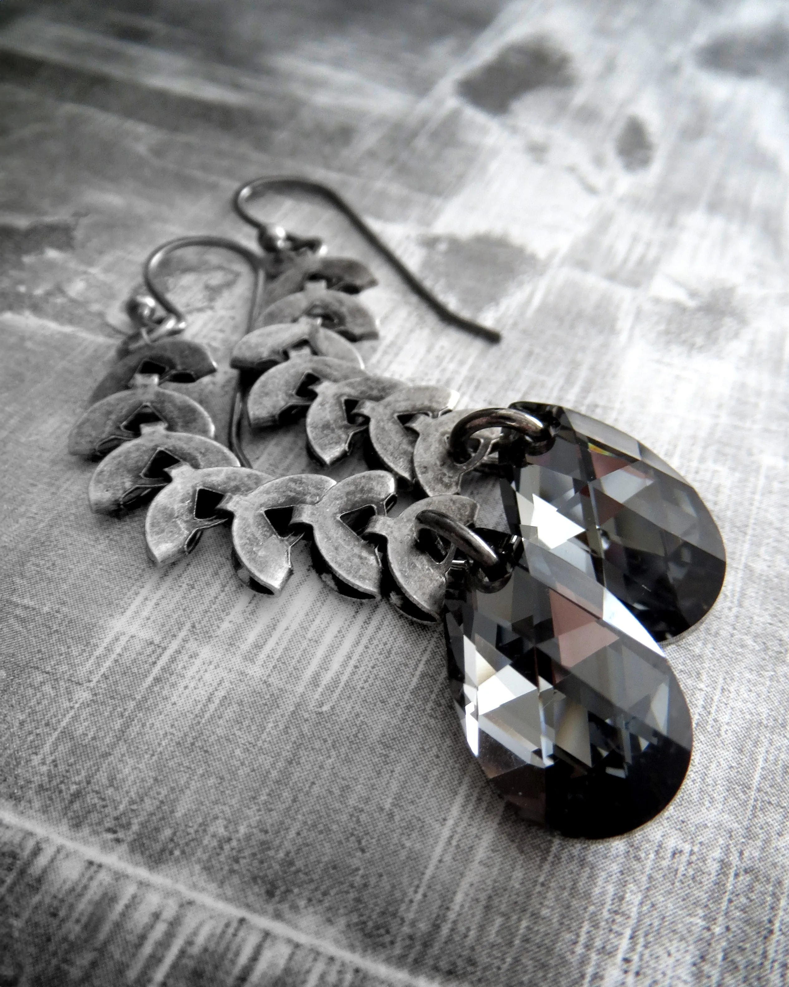 LUNA - Black Crystal Teardrop Earrings with Antiqued Silver Crescent Chain