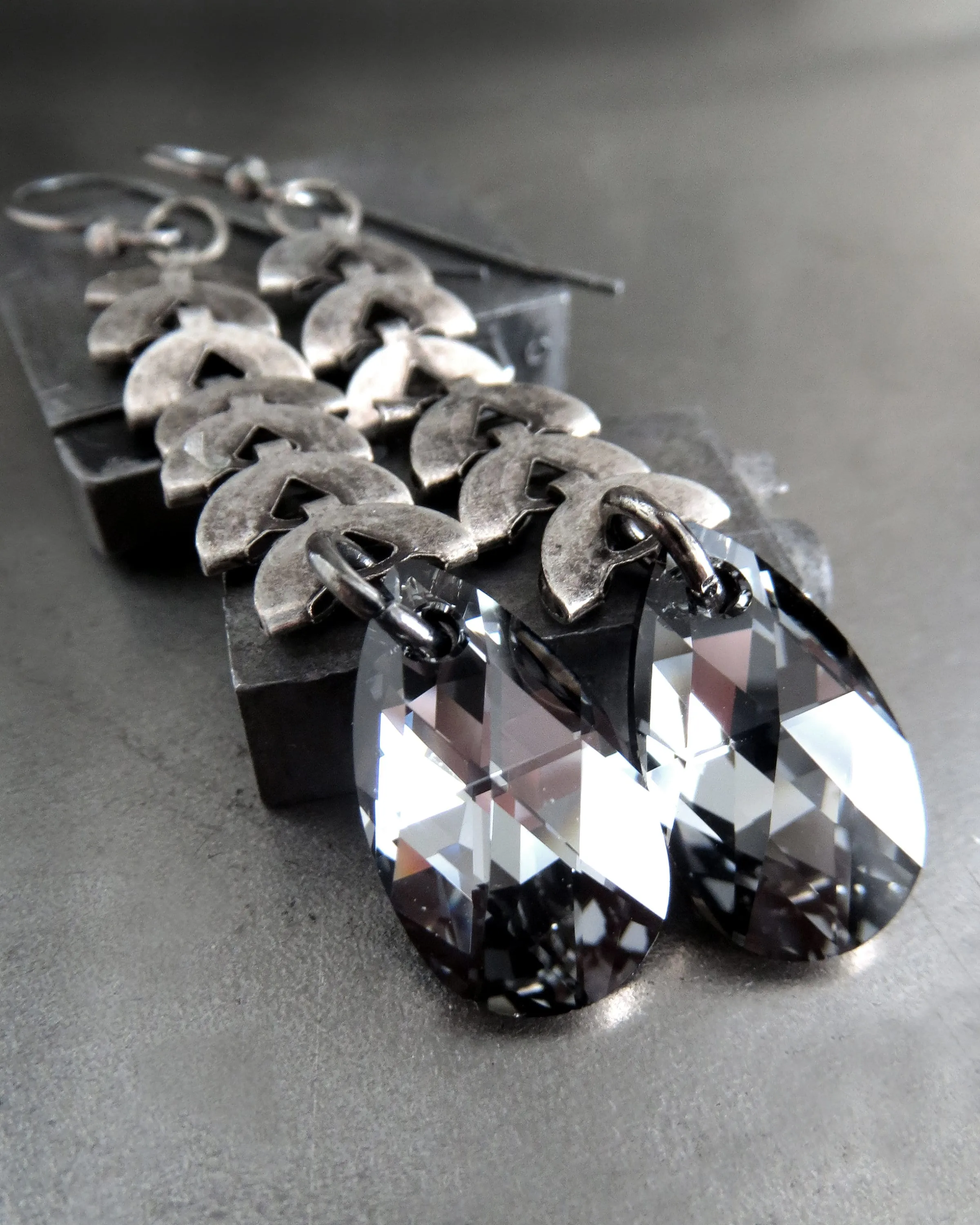 LUNA - Black Crystal Teardrop Earrings with Antiqued Silver Crescent Chain