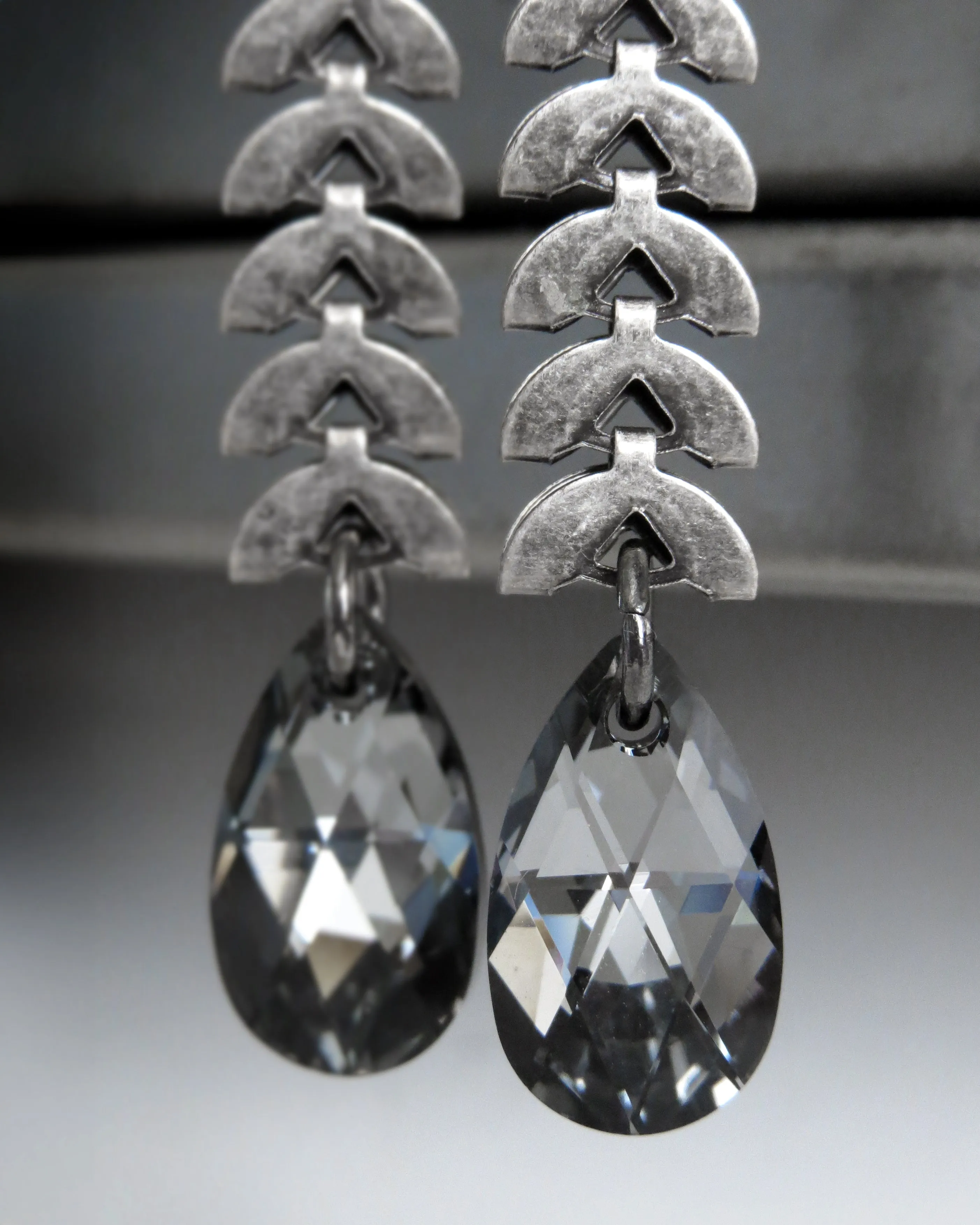 LUNA - Black Crystal Teardrop Earrings with Antiqued Silver Crescent Chain