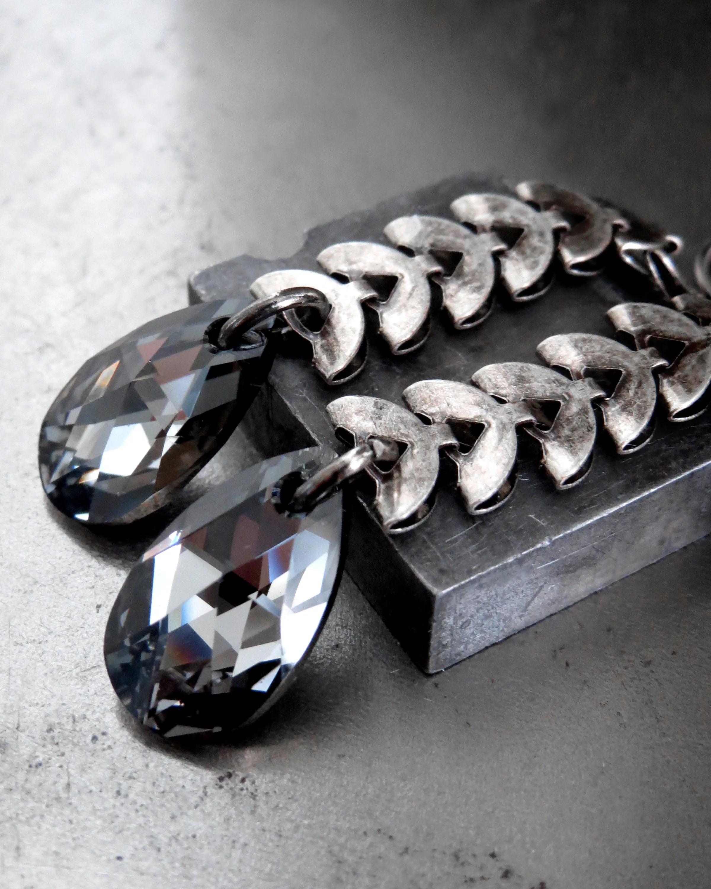 LUNA - Black Crystal Teardrop Earrings with Antiqued Silver Crescent Chain