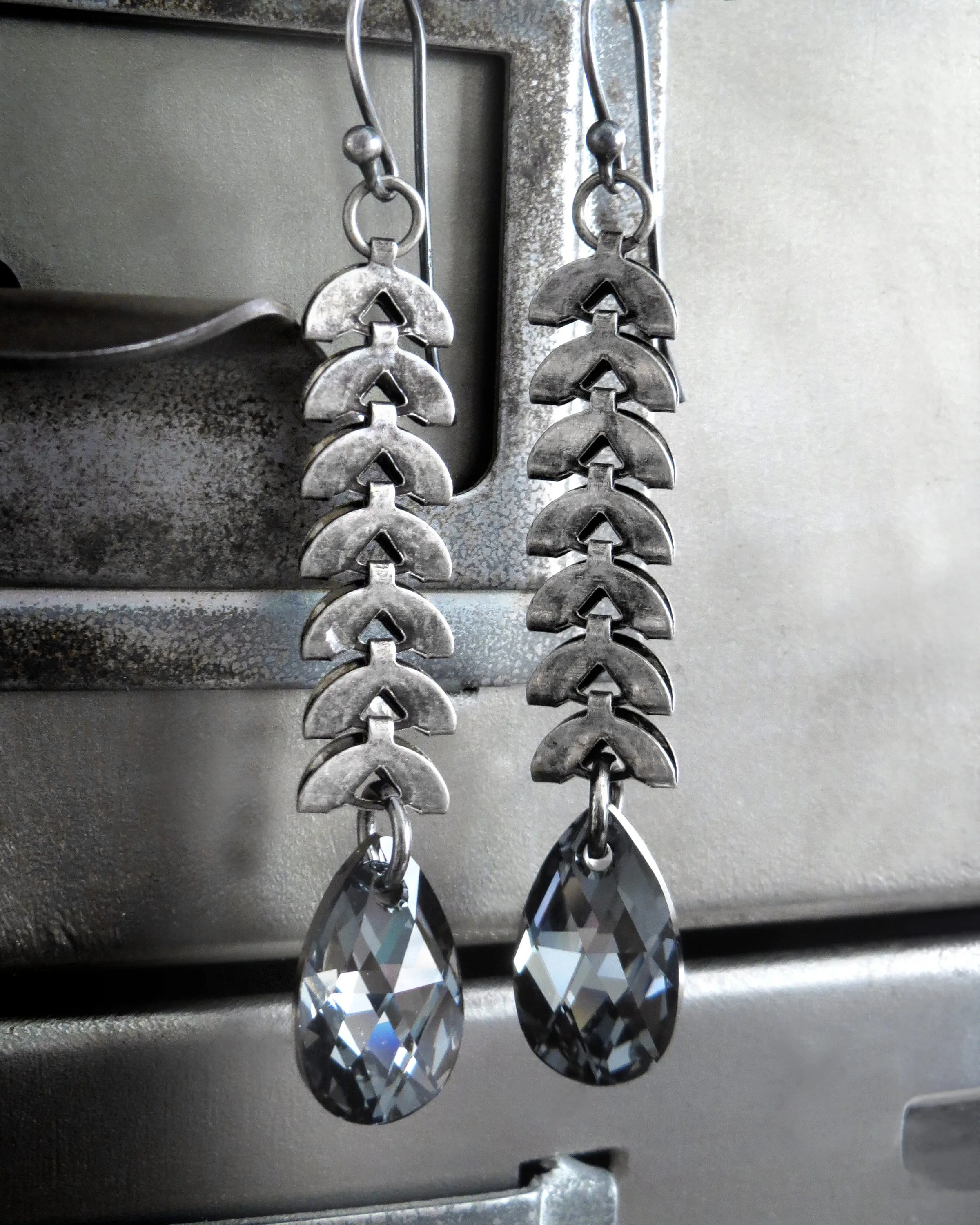 LUNA - Black Crystal Teardrop Earrings with Antiqued Silver Crescent Chain