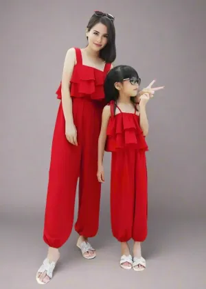 Matching Mommy & Me Red Ruffle Jumpsuits – Stylish Sleeveless Summer Outfit