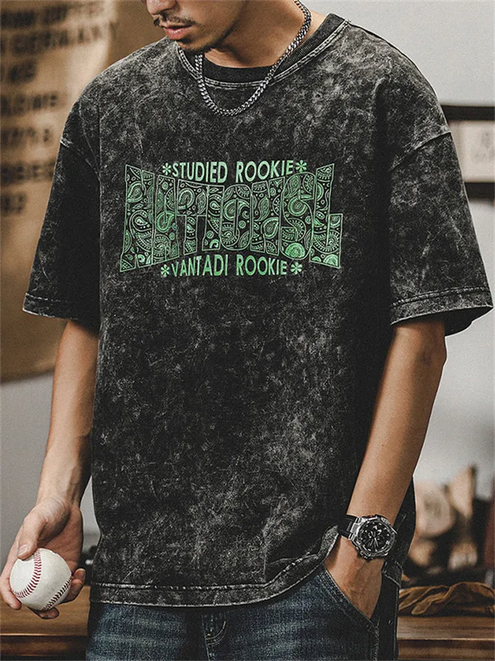 Men's Paisley Letter Print Trendy Crew Neck Shirt