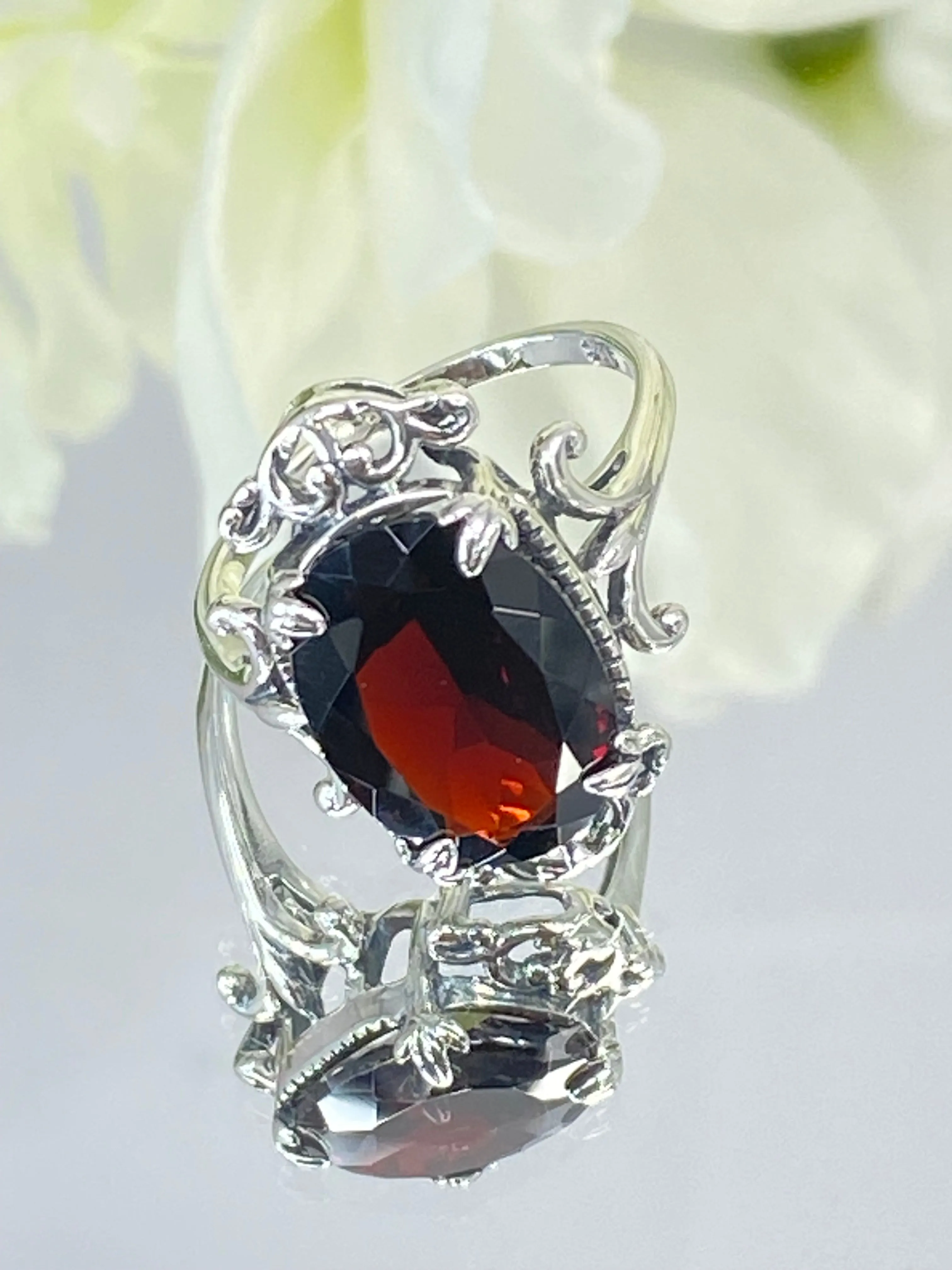 Natural Garnet Ring, Size 7, Sterling Silver Filigree, Gothic Jewelry, #D84 - Ready to Ship