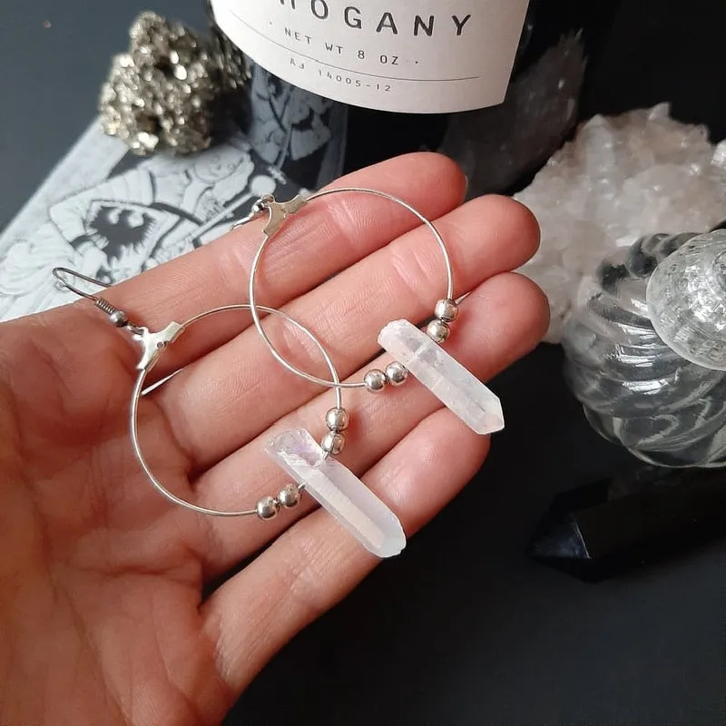 New Goth Quartz Hoops Minimal Earrings Boho Crystal Alternative Minimal Romantic Statement Jewelry Witchy Gift Stones Women Gift
