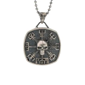 Norse Viking Vegvisir Protection Symbols & Skull Pendant Sterling Silver Necklace