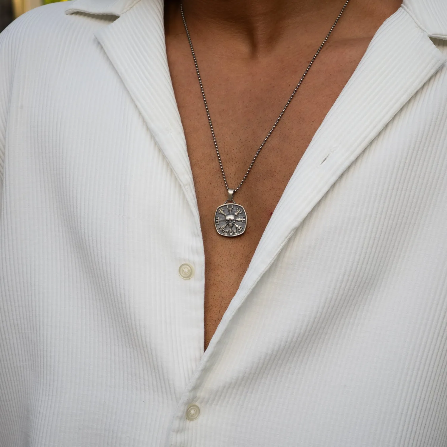 Norse Viking Vegvisir Protection Symbols & Skull Pendant Sterling Silver Necklace