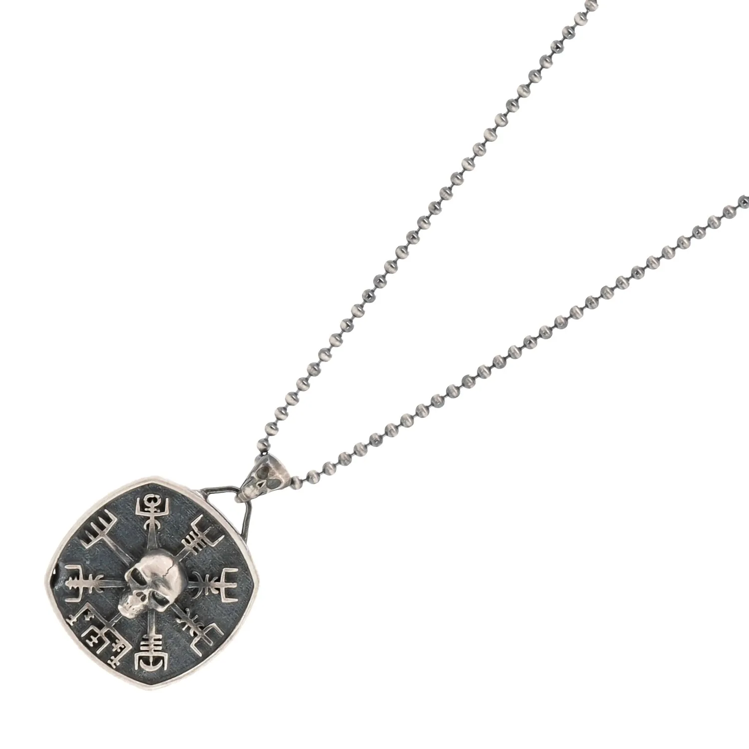 Norse Viking Vegvisir Protection Symbols & Skull Pendant Sterling Silver Necklace
