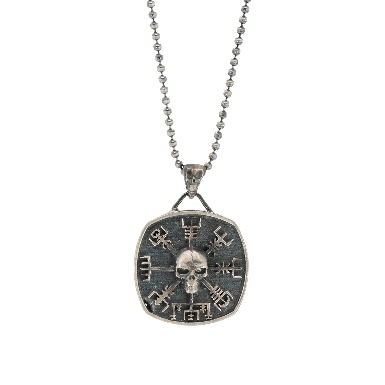 Norse Viking Vegvisir Protection Symbols & Skull Pendant Sterling Silver Necklace