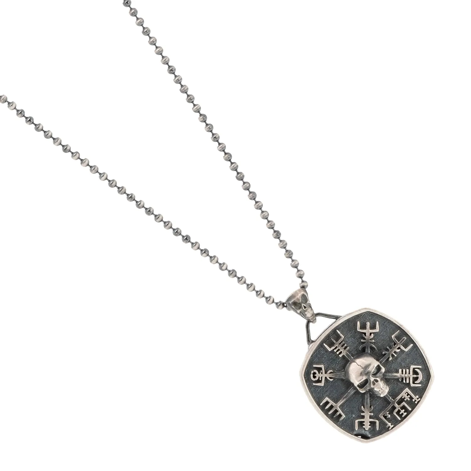 Norse Viking Vegvisir Protection Symbols & Skull Pendant Sterling Silver Necklace