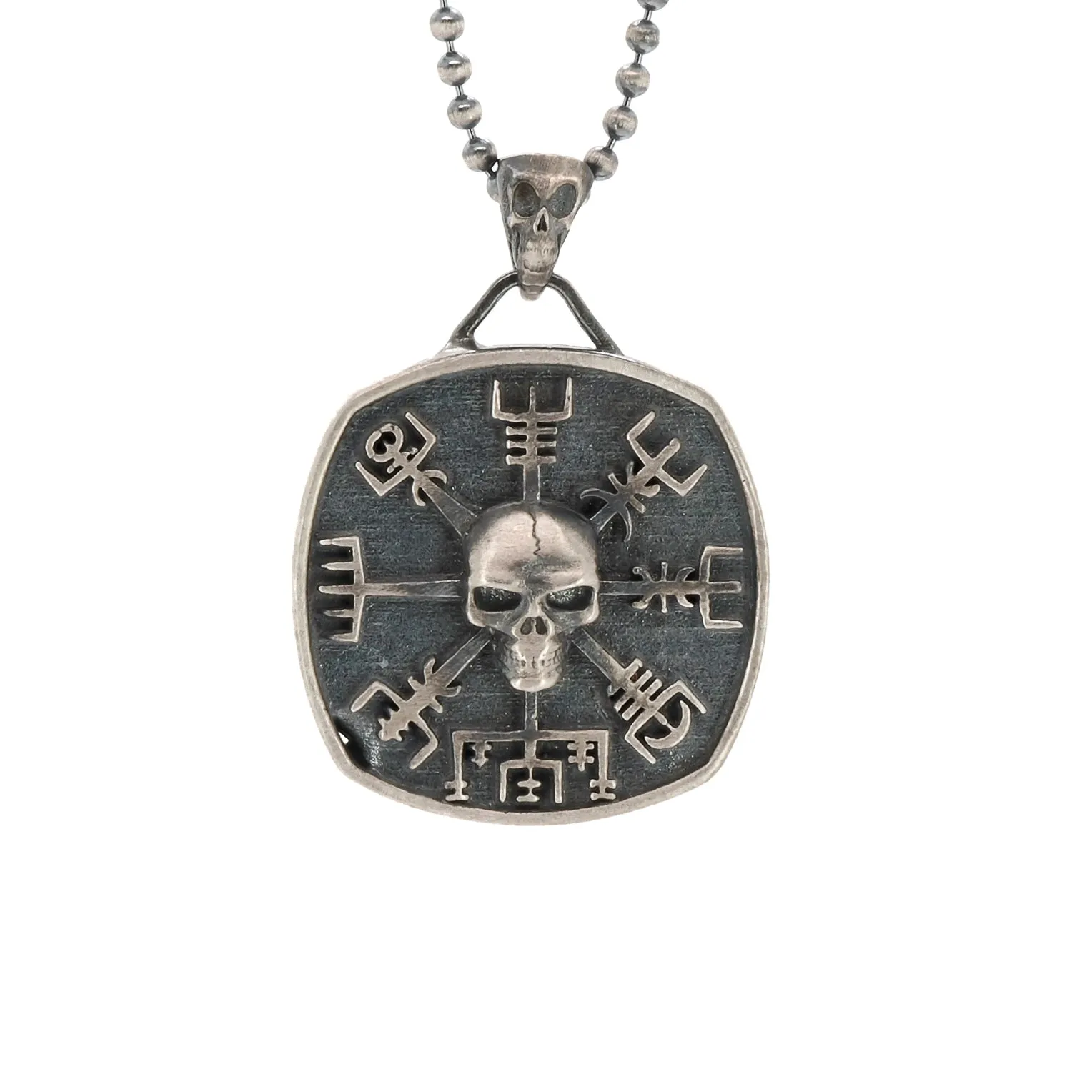 Norse Viking Vegvisir Protection Symbols & Skull Pendant Sterling Silver Necklace