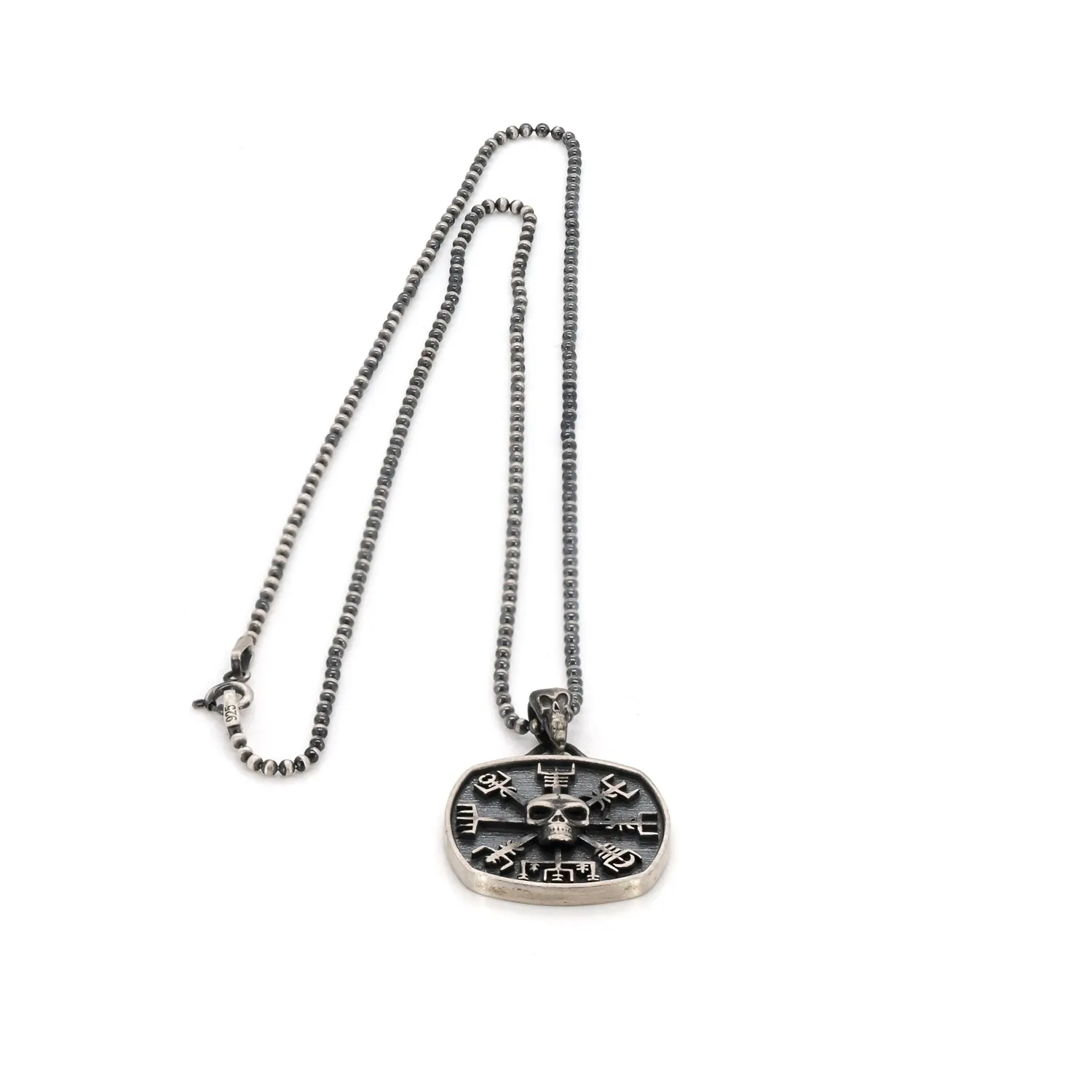 Norse Viking Vegvisir Protection Symbols & Skull Pendant Sterling Silver Necklace