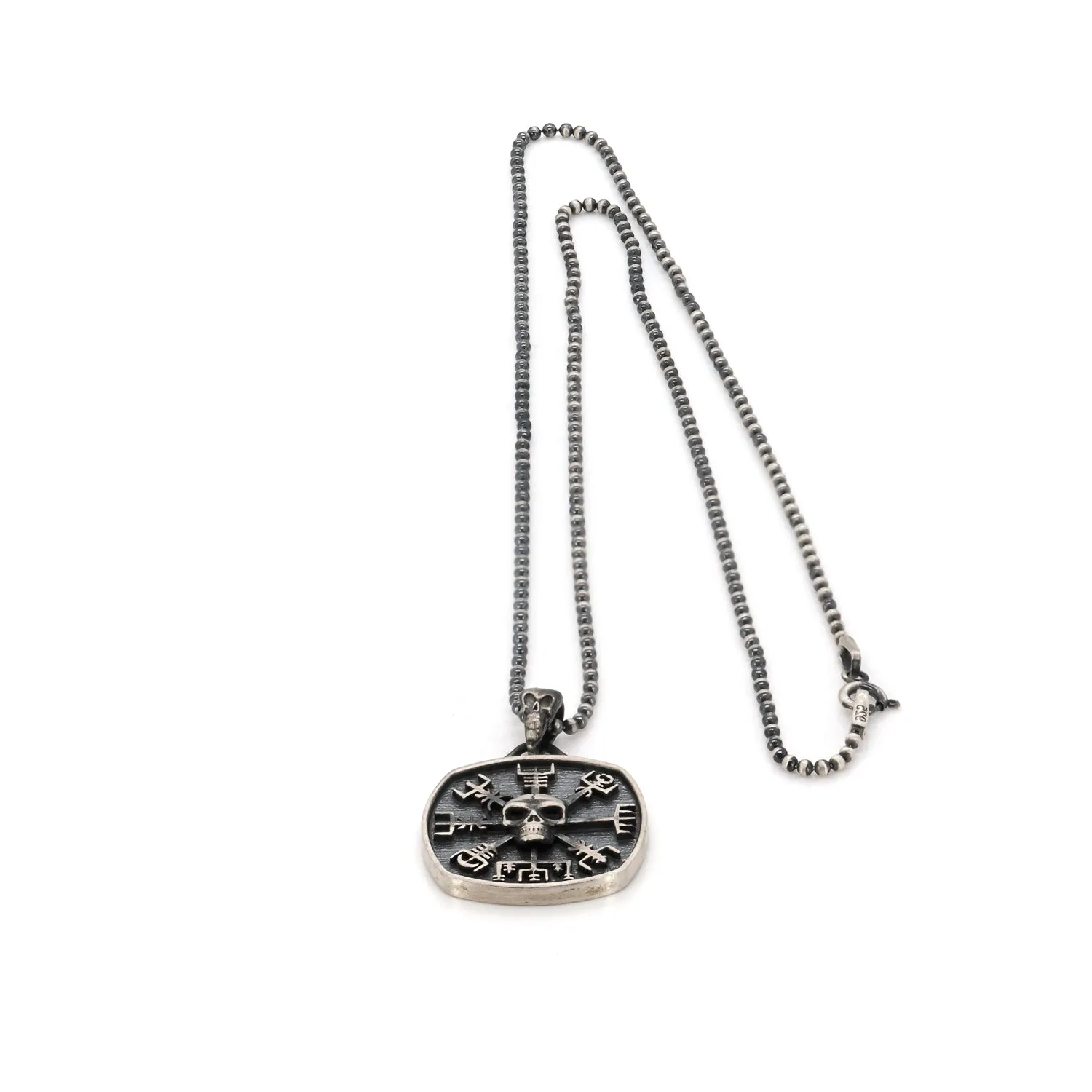 Norse Viking Vegvisir Protection Symbols & Skull Pendant Sterling Silver Necklace