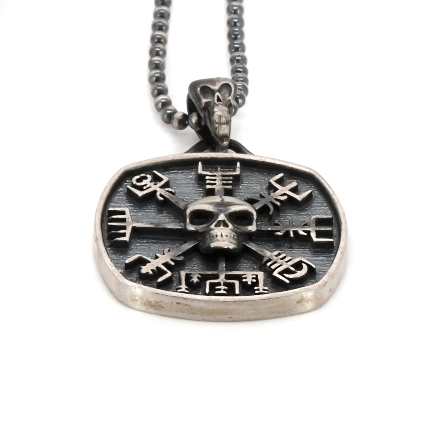 Norse Viking Vegvisir Protection Symbols & Skull Pendant Sterling Silver Necklace
