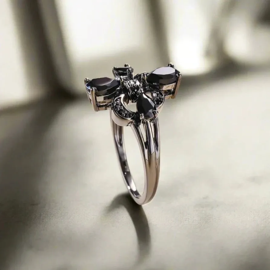Pear-Cut Natural Black Spinel Gothic Ring