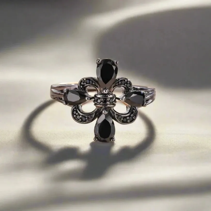 Pear-Cut Natural Black Spinel Gothic Ring