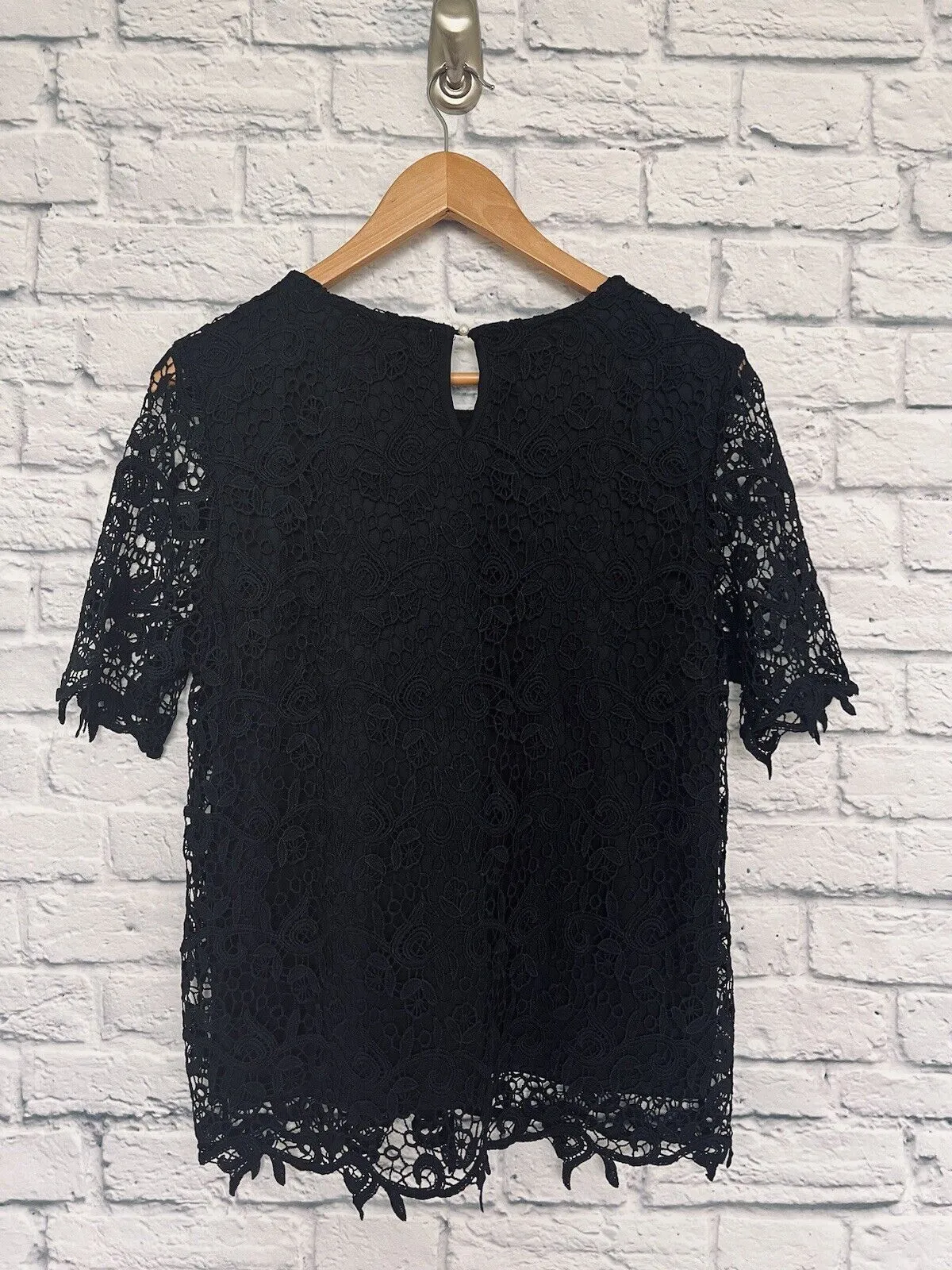 PHILOSOPHY Womens Black Lace Short Sleeve Top Lined Sz M Boho Romantic Blouse