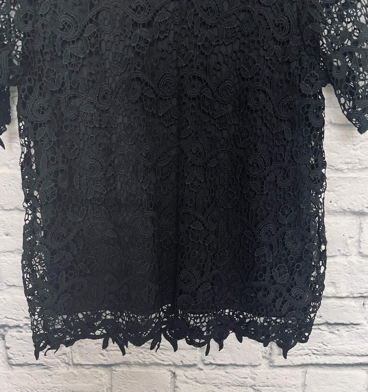 PHILOSOPHY Womens Black Lace Short Sleeve Top Lined Sz M Boho Romantic Blouse