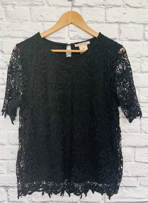PHILOSOPHY Womens Black Lace Short Sleeve Top Lined Sz M Boho Romantic Blouse