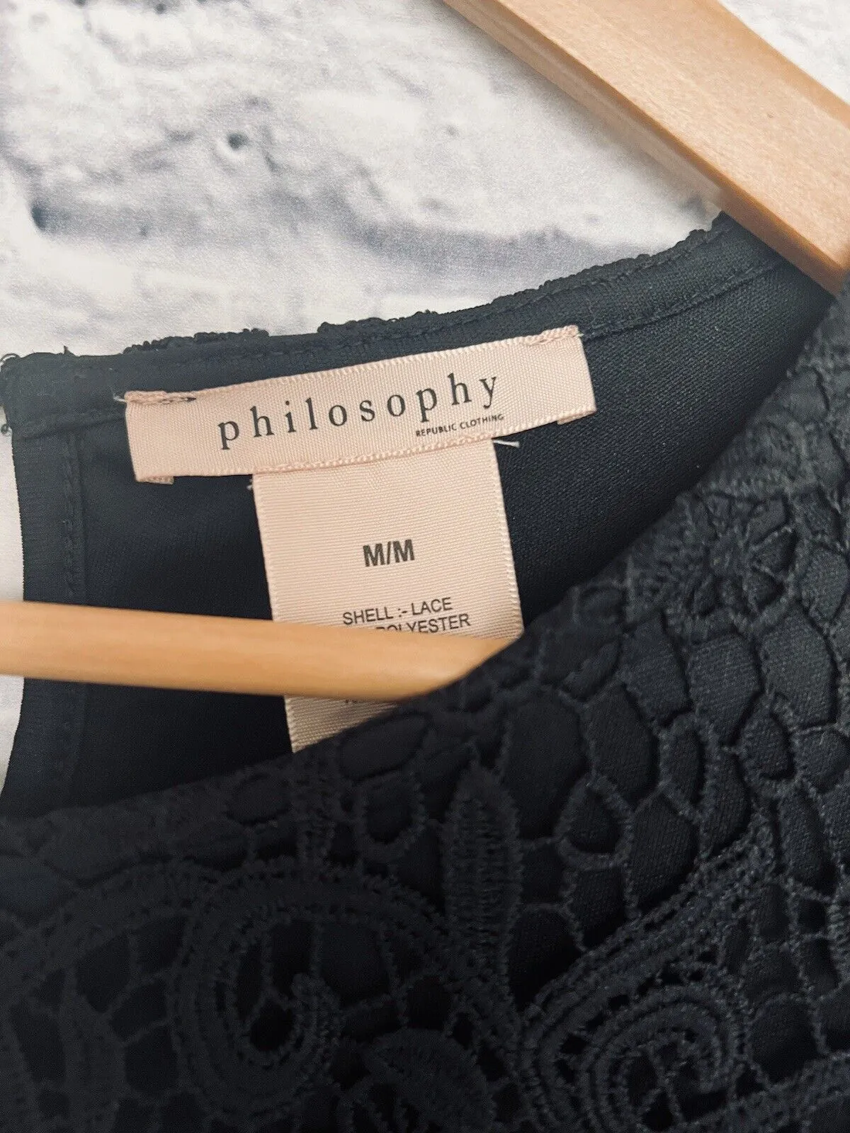 PHILOSOPHY Womens Black Lace Short Sleeve Top Lined Sz M Boho Romantic Blouse